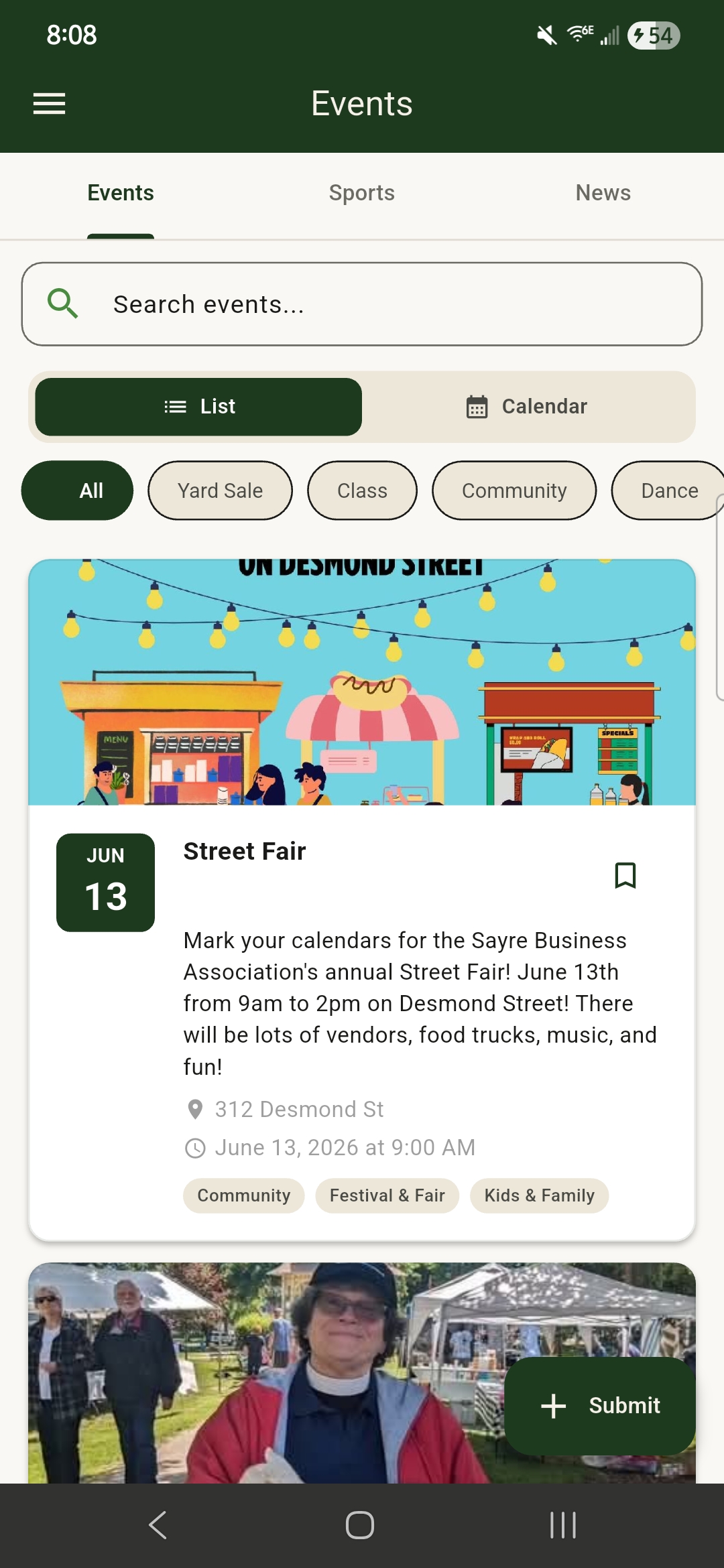 The Events screen showing a Street Fair listing with its date and details