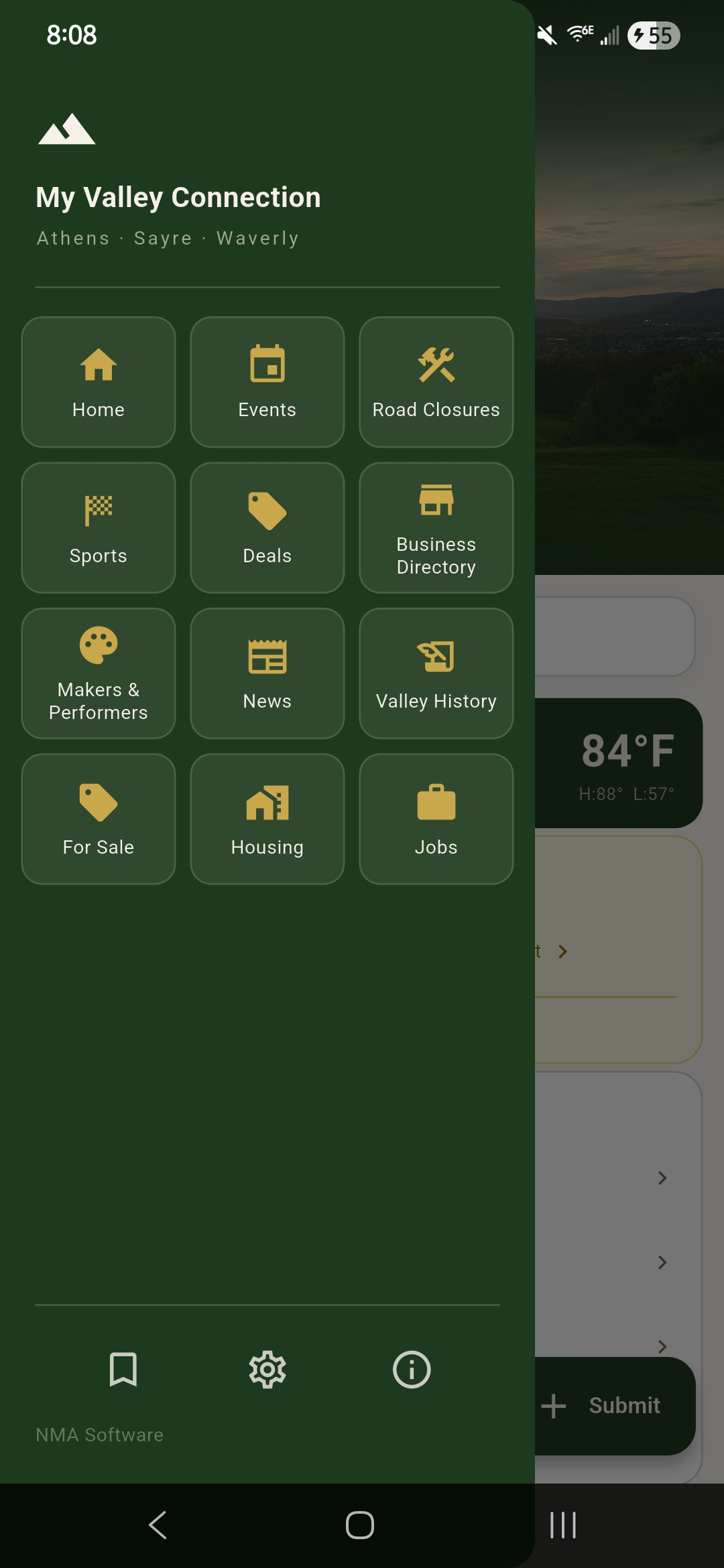 The My Valley Connection menu, with sections for Home, Events, Road Closures, Sports, Deals, Business Directory, Makers & Performers, News, Valley History, For Sale, Housing, and Jobs