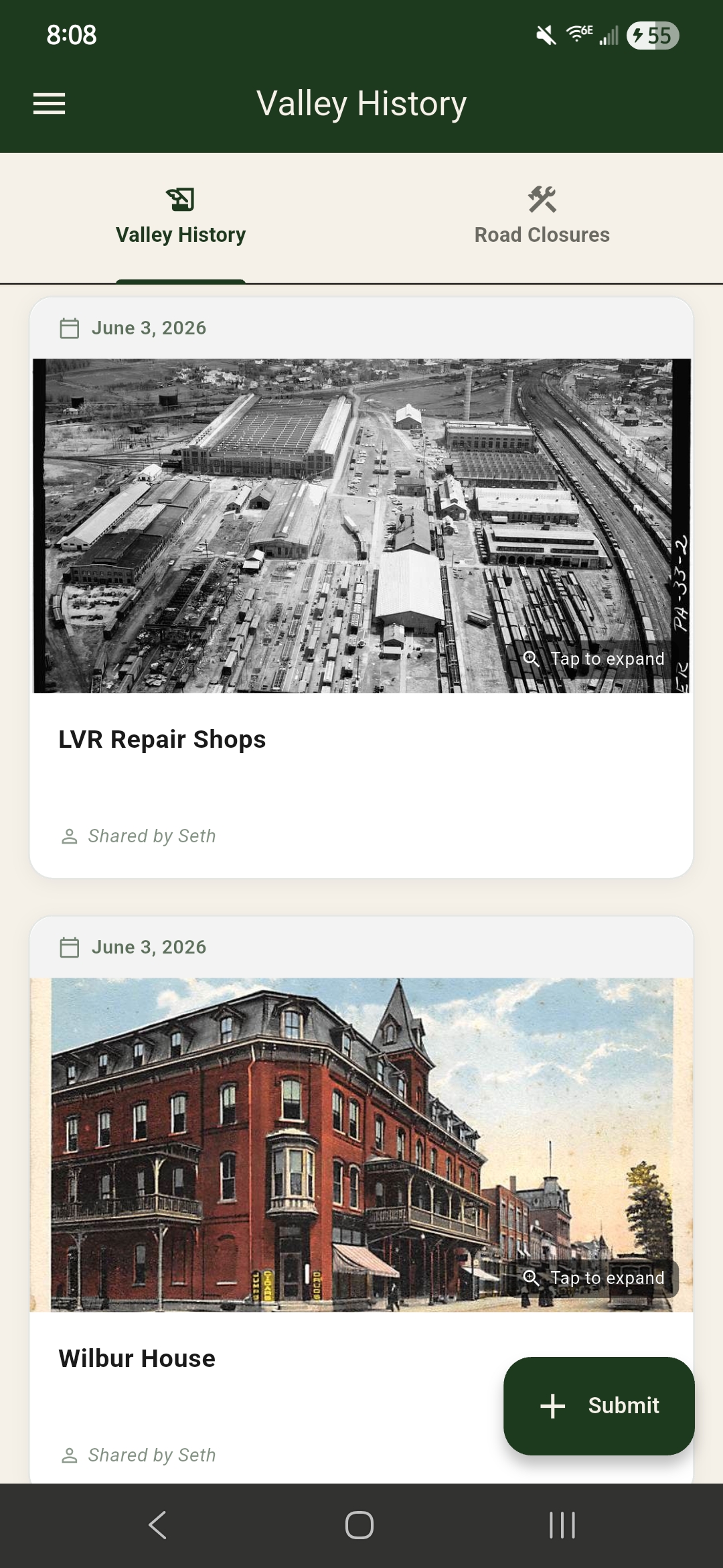 The Valley History feed with historical photos shared by residents