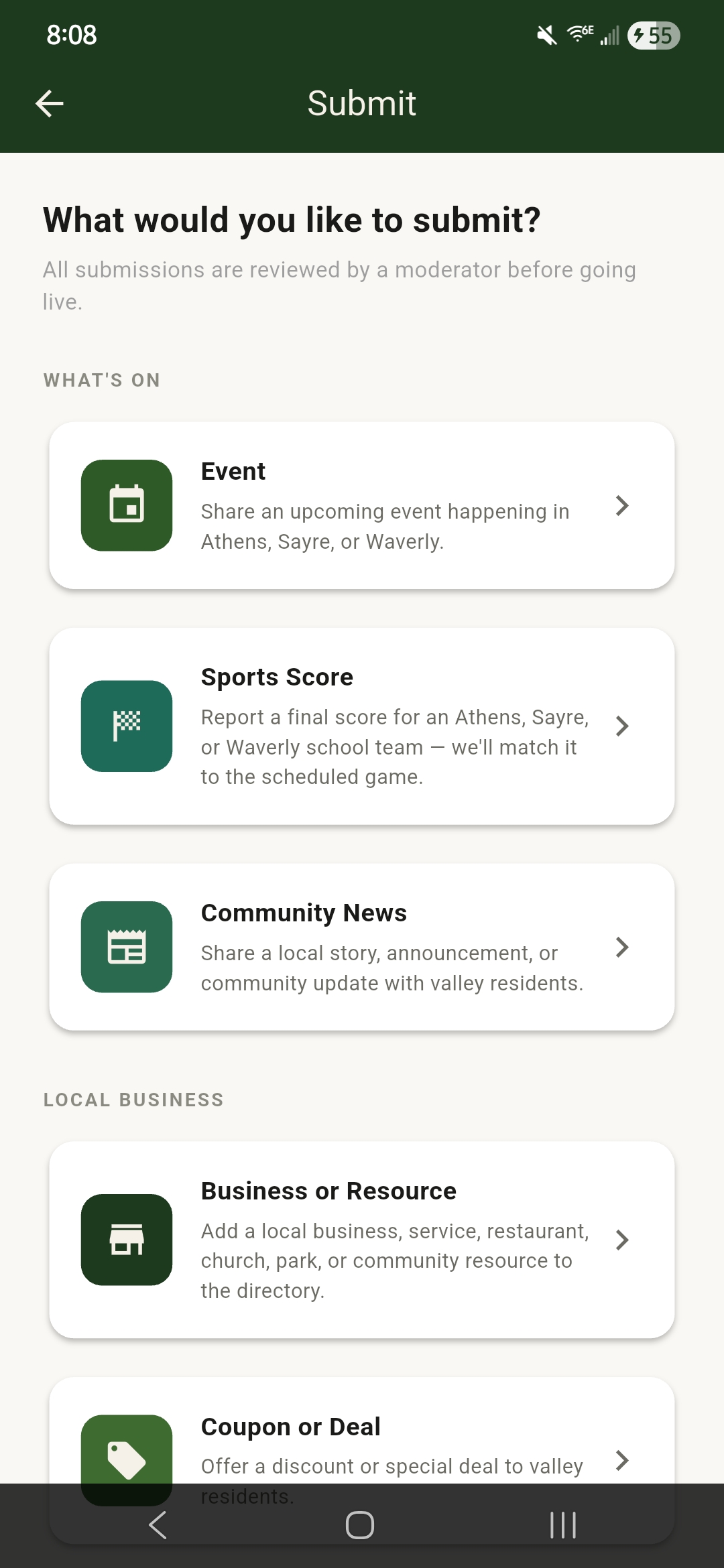 The Submit screen, where residents can add an event, sports score, community news, business, or deal — all reviewed by a moderator before going live